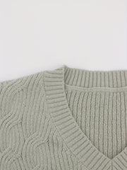 Solid Cable Long Sleeve Sweater V Neck Jumper
