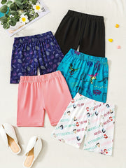 5pcs Girls Cartoon Print Bike Shorts & Stretchy Casual Shorts For Kids