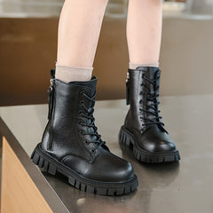 Girls Leather Boots Lace-Up Side Zip