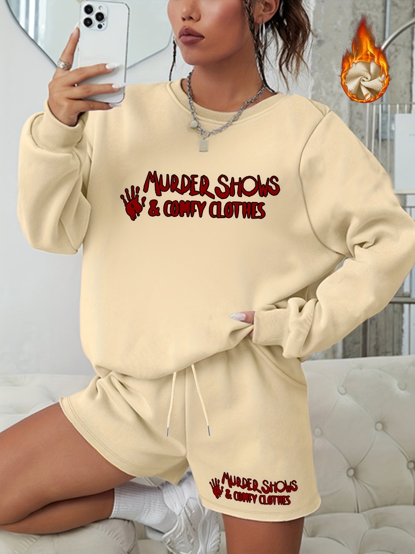 2PC Set Women's Plus Letter Print Sweatshirt & Shorts