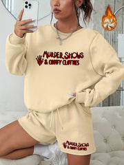 2PC Set Women's Plus Letter Print Sweatshirt & Shorts