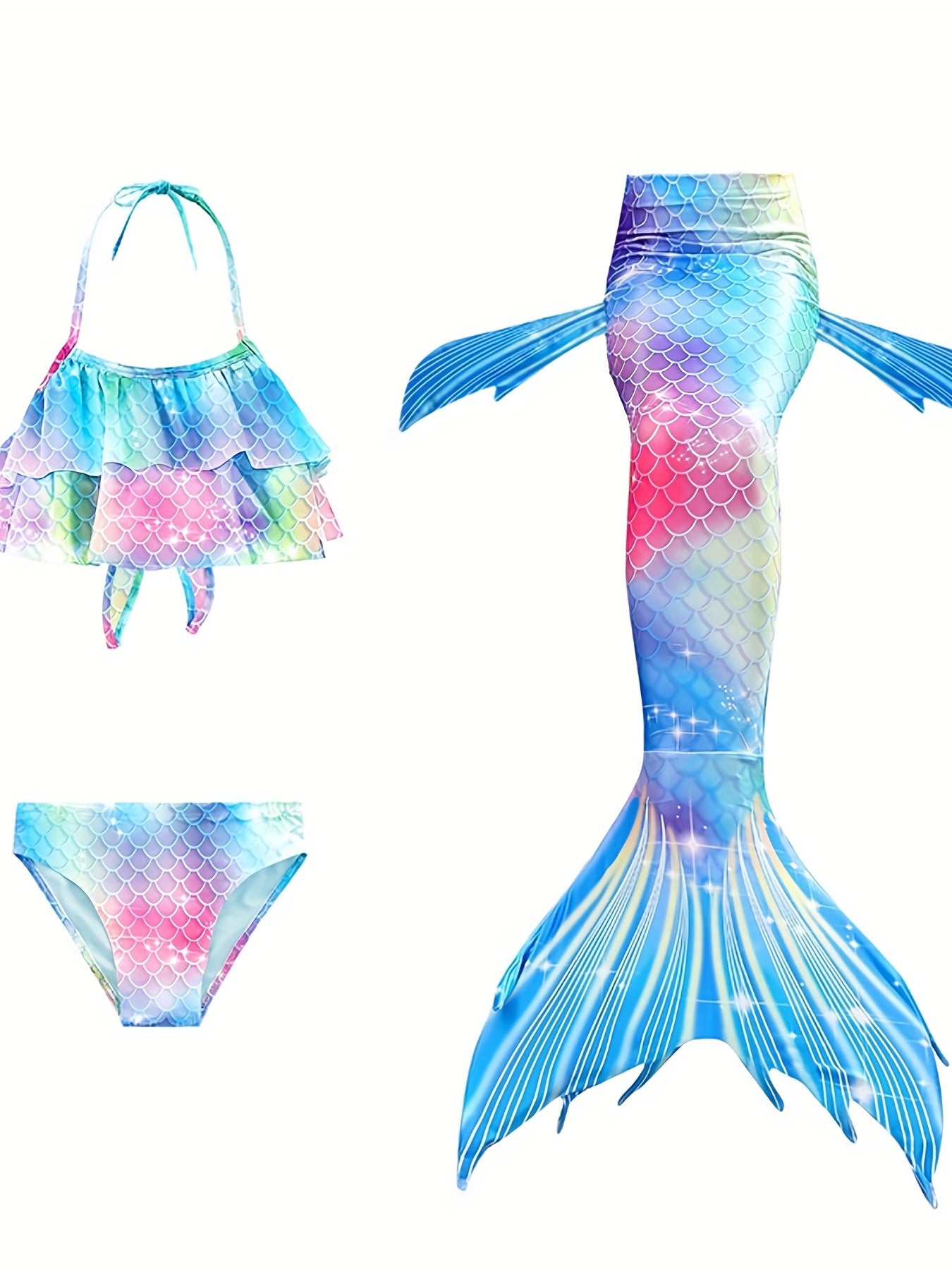 Girl's Mermaid Swimsuit 3pcs Fish Scale Pattern Bikini Set & Mermaid Tail