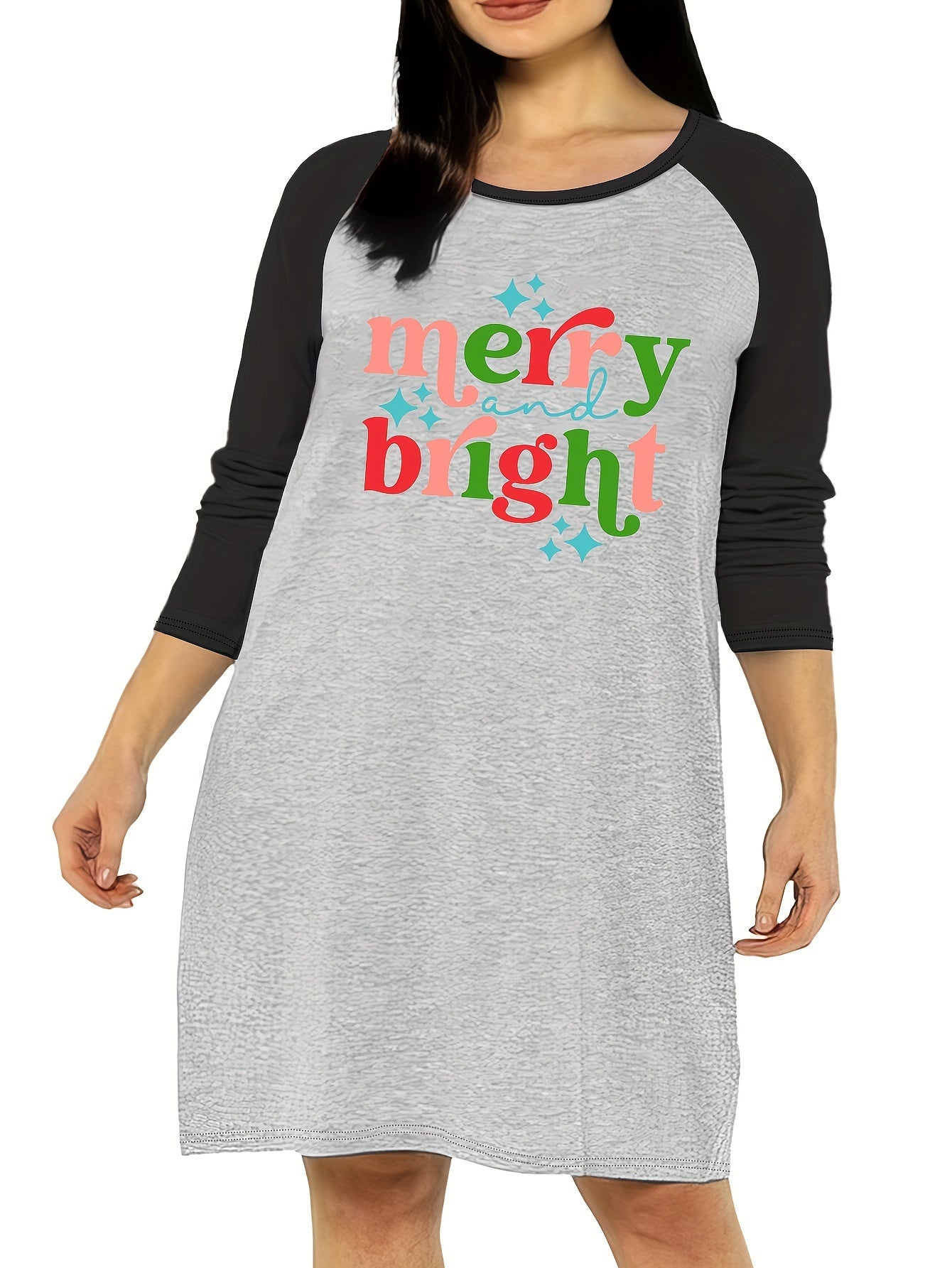 Star Slogan Print Raglan Sleeve Sleep Dress