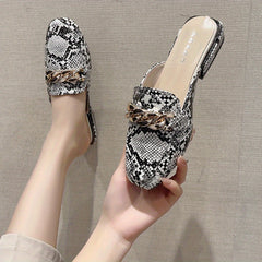 Snake Print Mules with Chain Detail Slip On Shoes