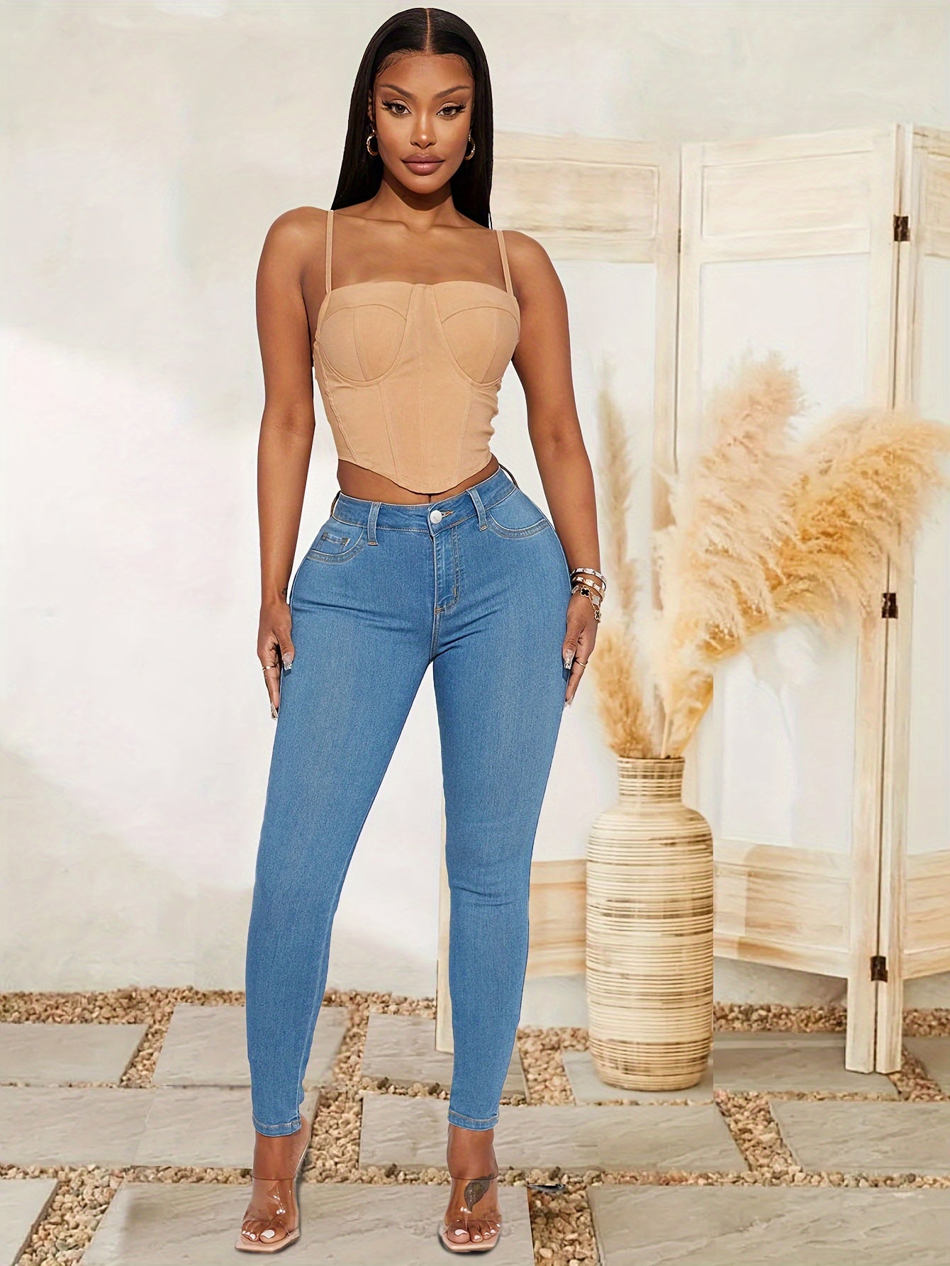 Skinny Jeans Women's Solid Button Fly Stretch Denim