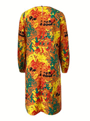 Abstract Print Dress Boho Keyhole Long Sleeve Women's Clothing