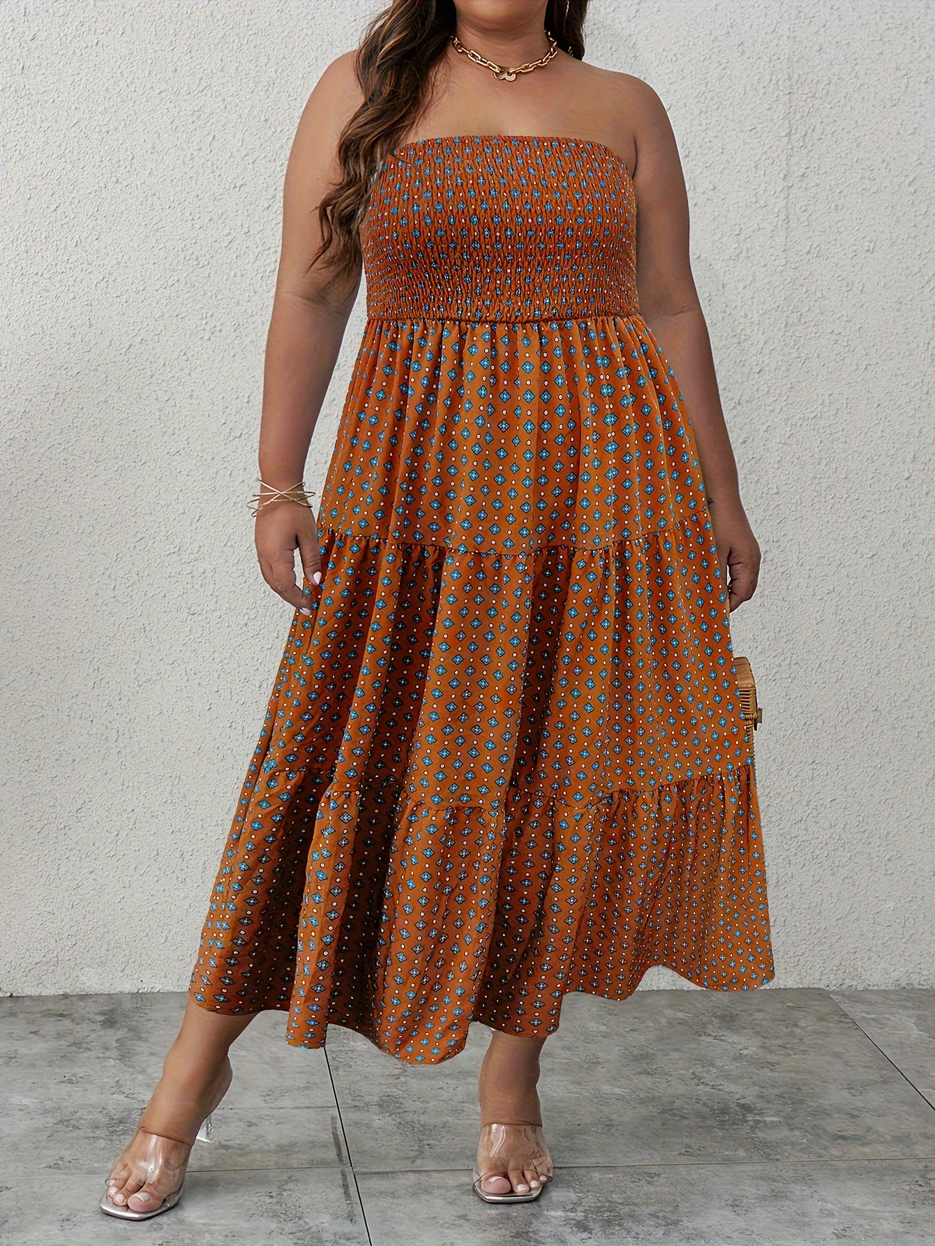 Boho Dress Women's Plus Allover Print Smock Tube Dress