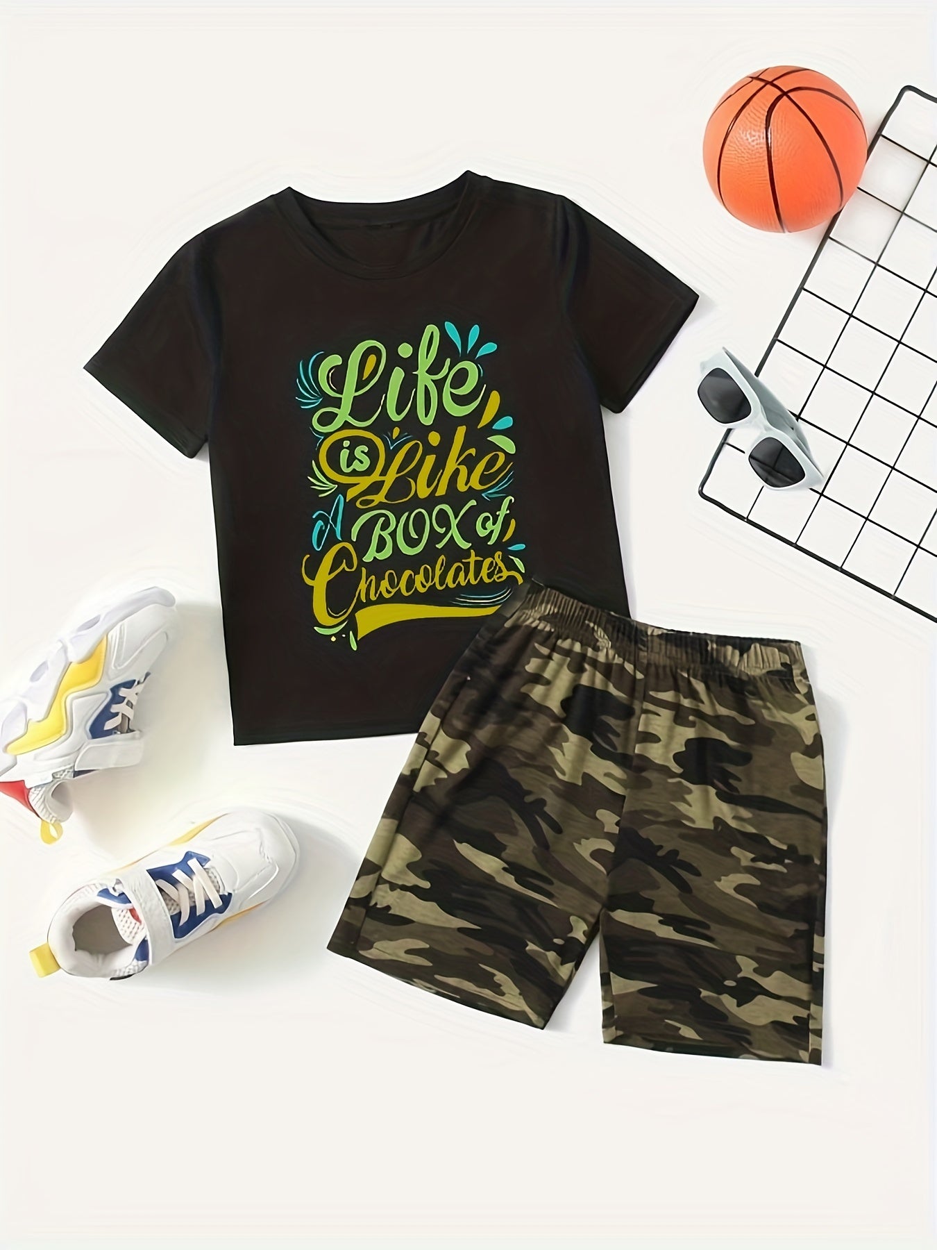 Boys Colorful Chocolates T-shirt & Camo Shorts Set