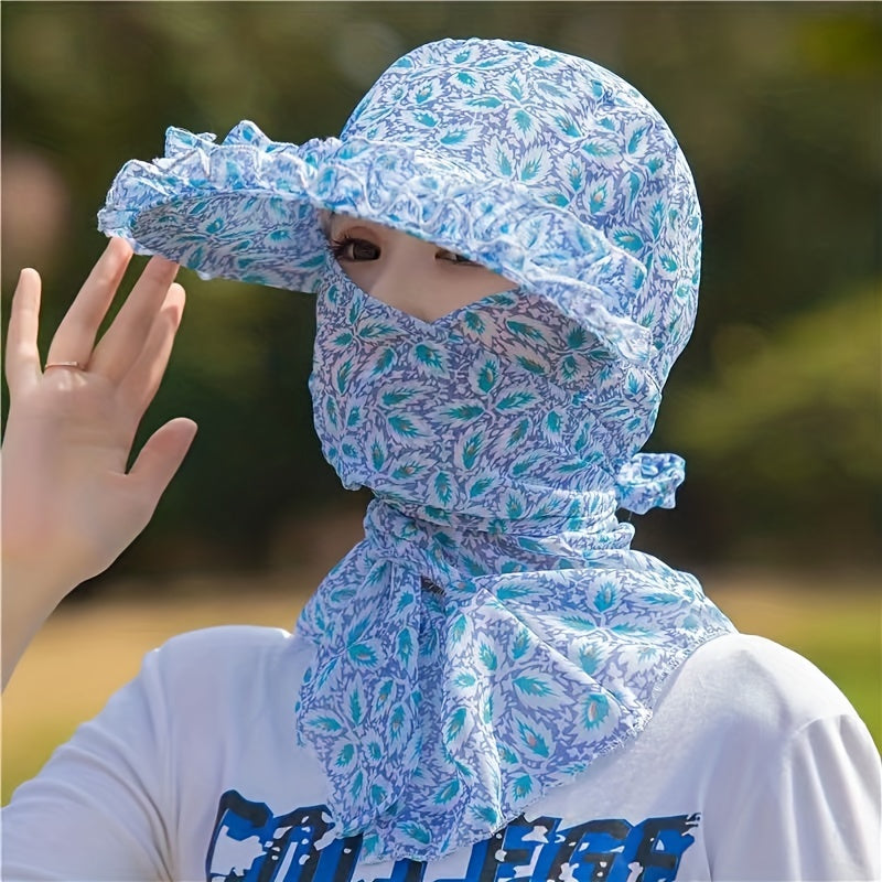 Colorful Flower Lace Sun Hat with Neck Protector Cycling Chiffon Visor Hats