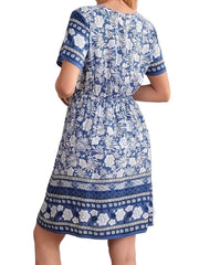 Boho Floral Notched Neck Dress Short Sleeve Drawstring Dress