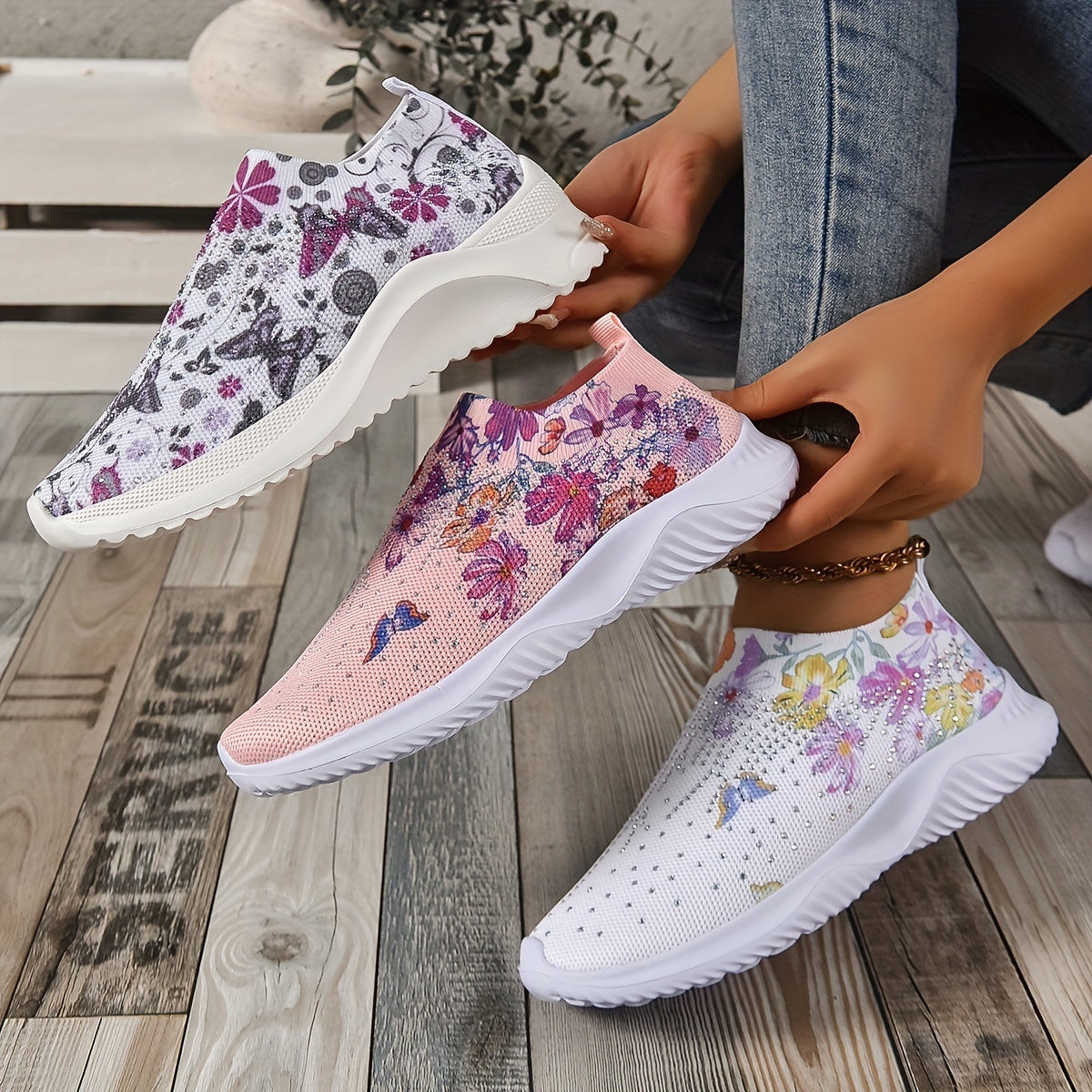 Women's Flower Pattern Slip-On Sneakers, Breathable Knit Low Top Shoes