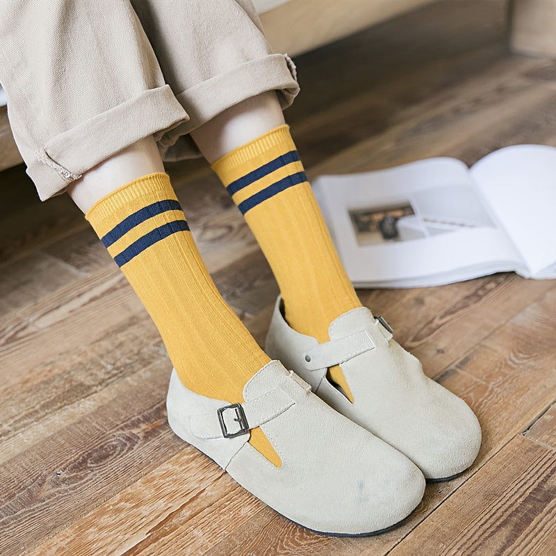 3 Pairs Girls Striped Sports Socks - Comfy Crew Socks for Kids
