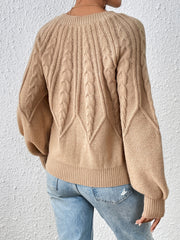 Cable Knit Lantern Sleeve Sweater Crew Neck Pullover Jumper