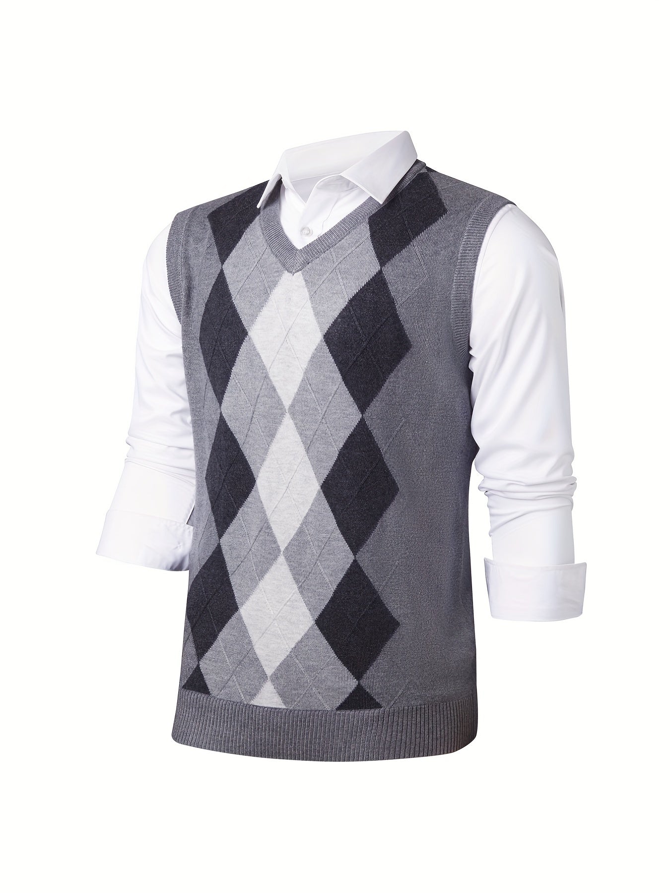 Men's V-Neck Argyle Casual Knitted Sweater Vest for Autumn Winter