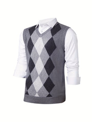 Men's V-Neck Argyle Casual Knitted Sweater Vest for Autumn Winter