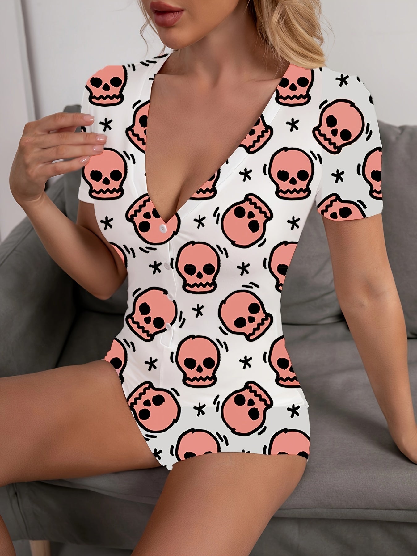 Skull Print Buttons Pajama Romper Short Sleeve V Neck Pajamas