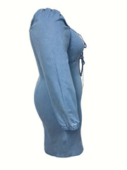 Sexy Denim Dress Women's Half Zip Lantern Sleeve Square Neck