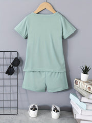 2pcs Boys Casual KING Crown Graphic Print T-shirt & Shorts Set