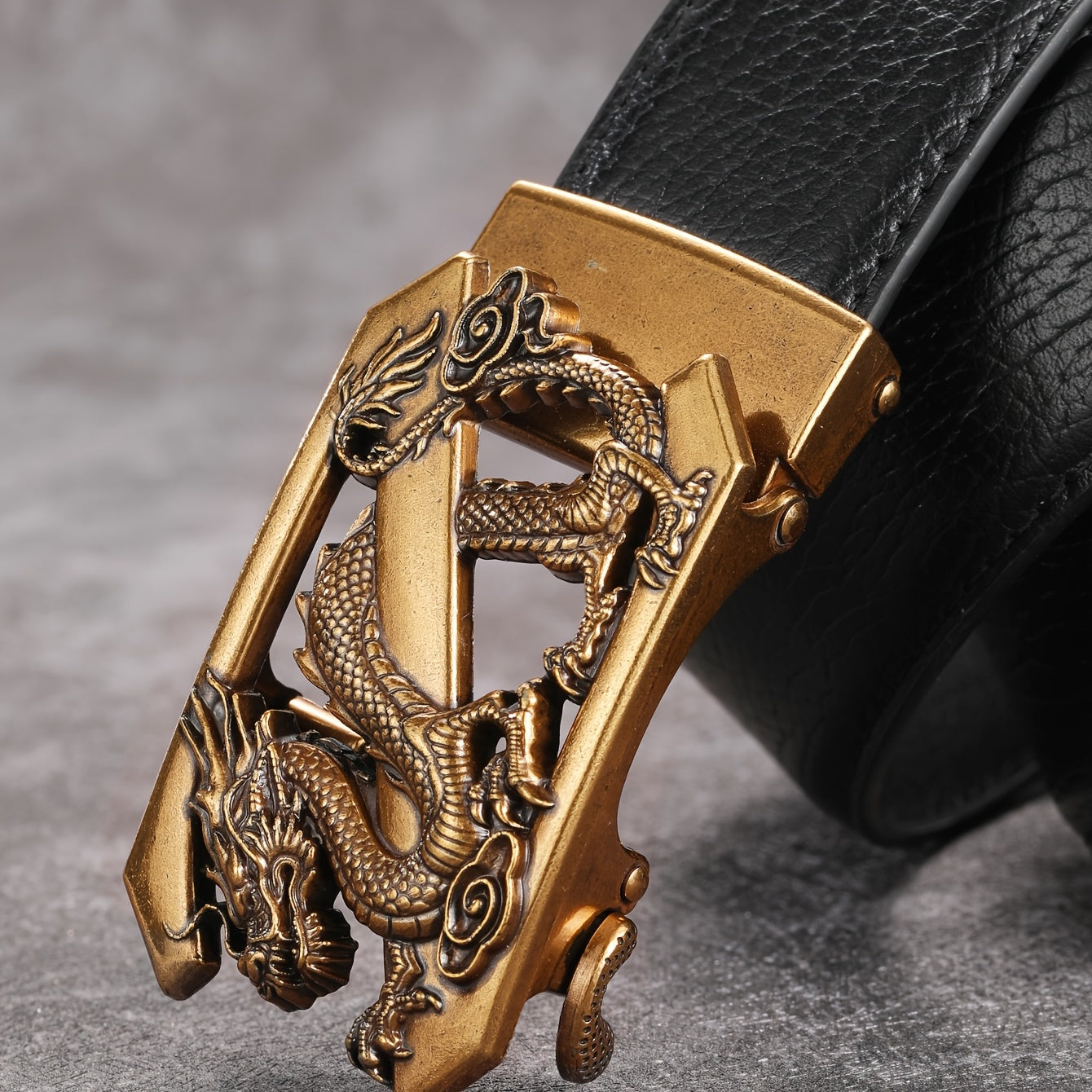Vintage Men's Belt Golden Dragon Pattern Automatic Buckle