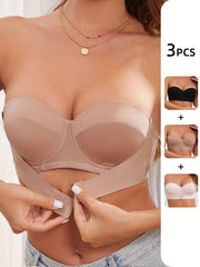 3pcs Front Buckle Strapless Push Up Bras for Women
