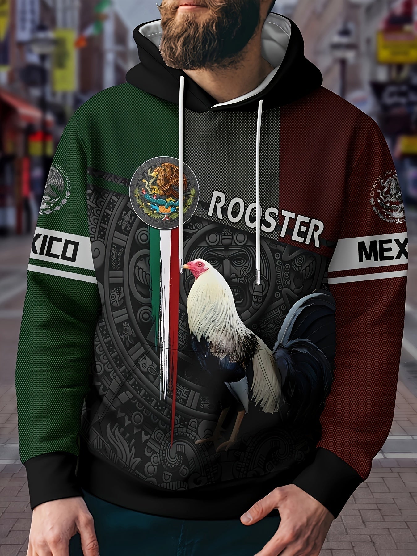 Mexico Rooster Print Hoodie Mens Graphic Pullover Autumn Winter