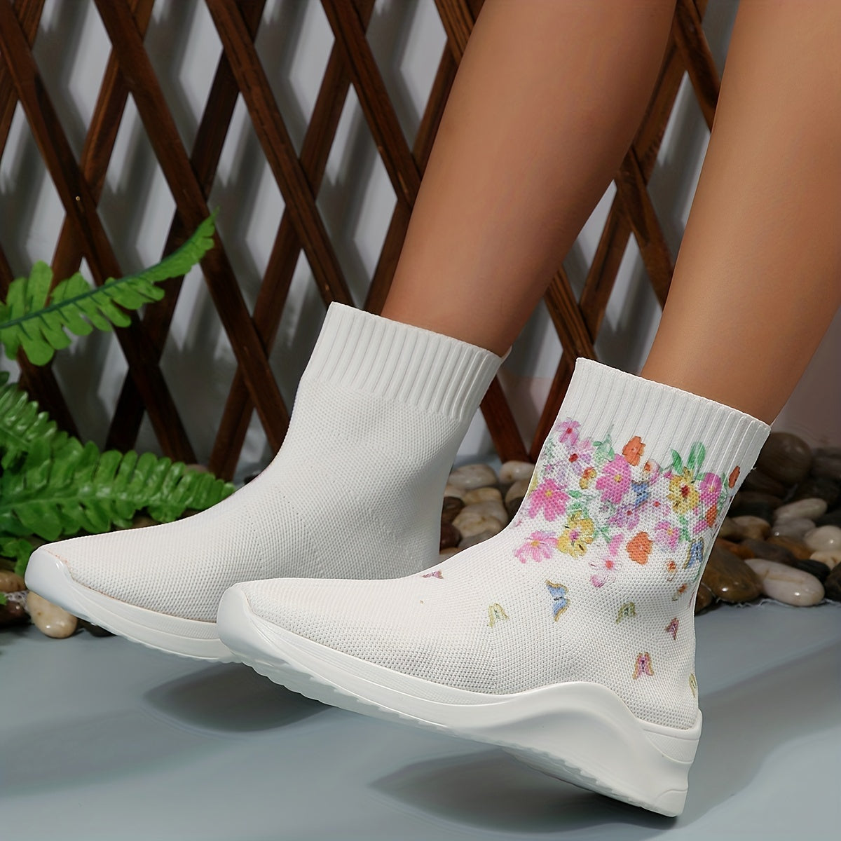 Women's Butterfly Floral Knit Ankle Boots Stretch Sock Shoes