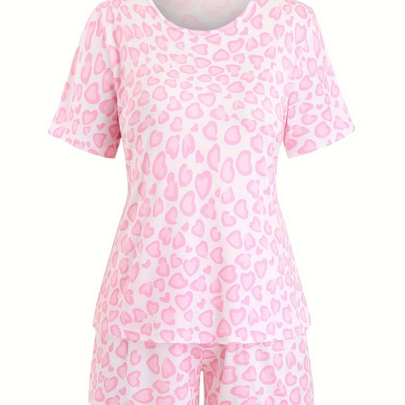 Heart Print Pajamas Set Short Sleeve Tee & Shorts 2 Piece Set