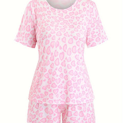 Heart Print Pajamas Set Short Sleeve Tee & Shorts 2 Piece Set