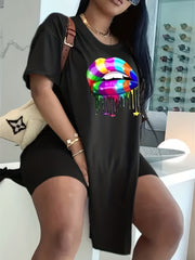 Lips Print Two Piece Set Short Sleeve T Shirt & Shorts Casual Outfit