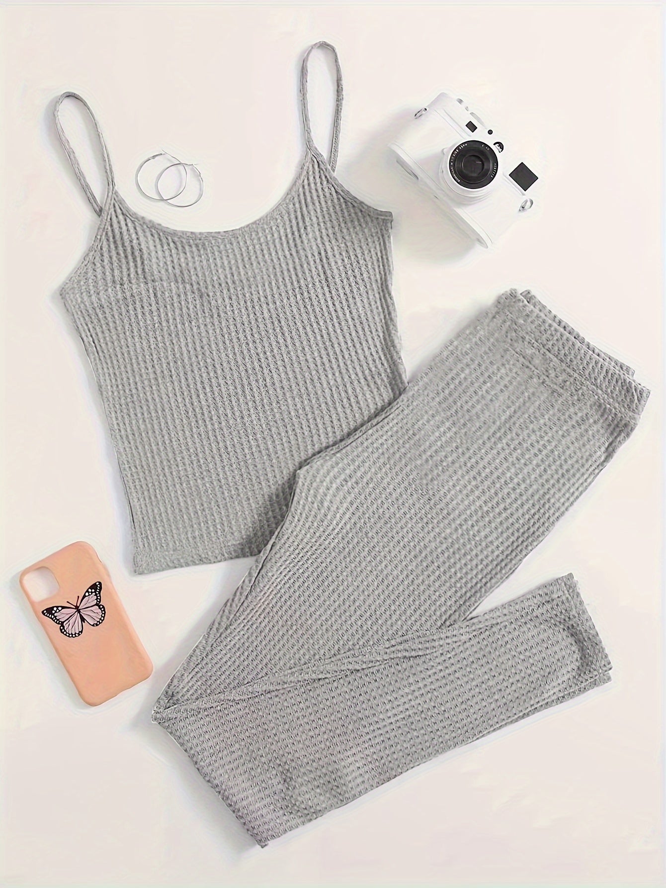 Solid Waffle Lounge Set Cami Top & Pants Women's Loungewear