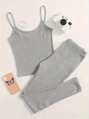 Solid Waffle Lounge Set Cami Top & Pants Women's Loungewear