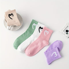5 Pairs Heart Print Socks Comfy & Breathable Women's Stockings & Hosiery