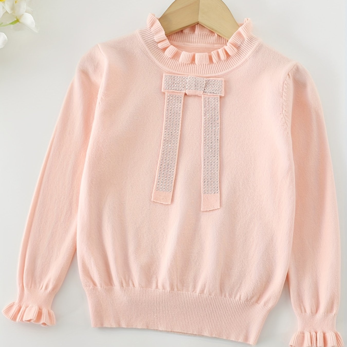 Girls Bow Front Flounce Cuffs Long Sleeve Sweater Top