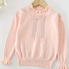 Girls Bow Front Flounce Cuffs Long Sleeve Sweater Top