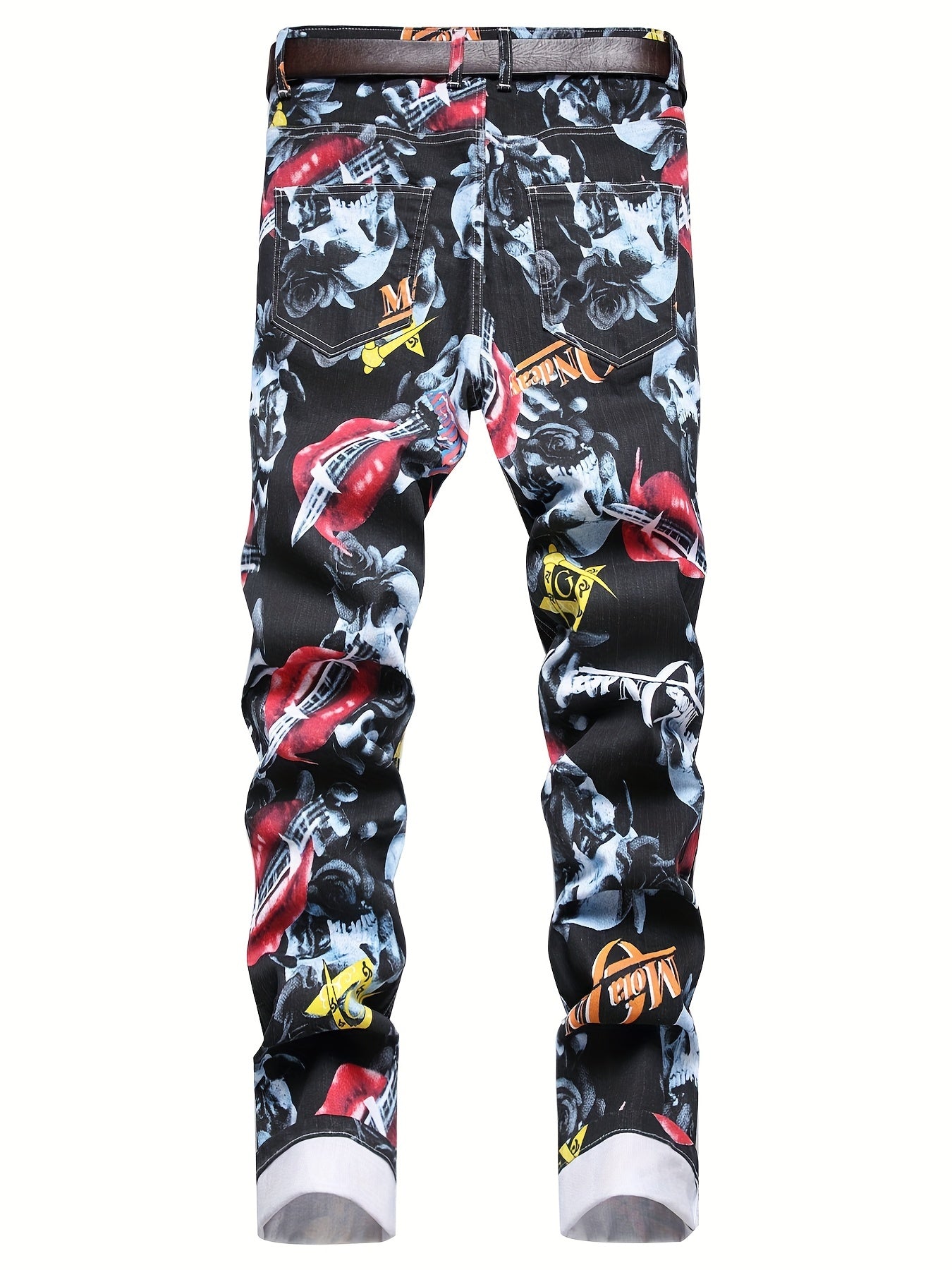 Skull Graffiti Cotton Jeans Mens Casual Street Style All-Over Print Denim Pants