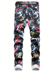 Skull Graffiti Cotton Jeans Mens Casual Street Style All-Over Print Denim Pants