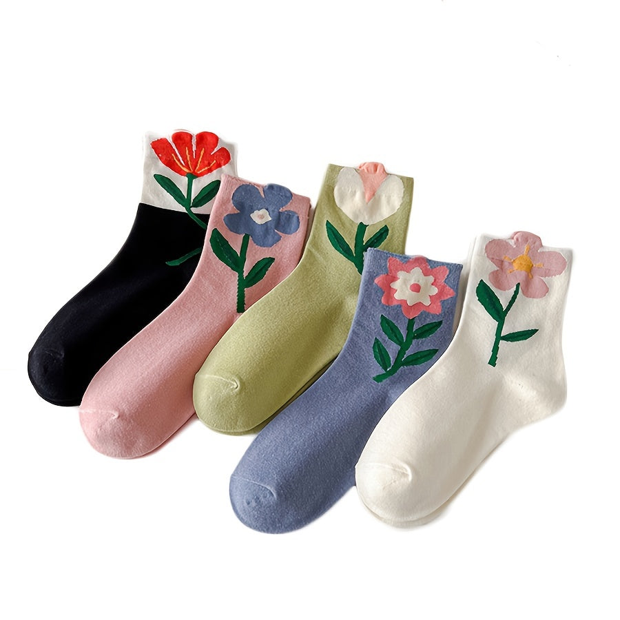 5 Pairs Floral Print Socks Comfy & Breathable Women's Mid Tube Stockings