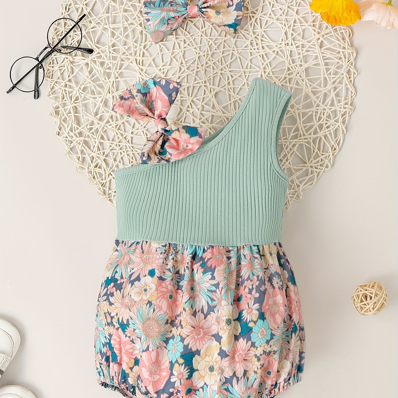 Baby Girls Ribbed One Shoulder Floral Onesie & Headband Set