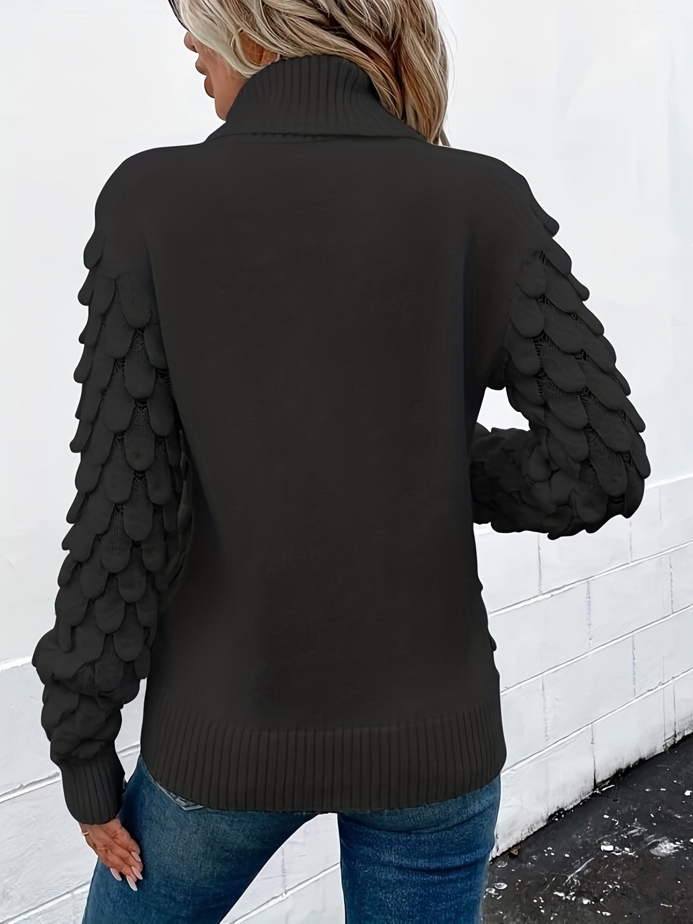 Fish Scale Turtleneck Sweater Long Sleeve Knit Casual Solid