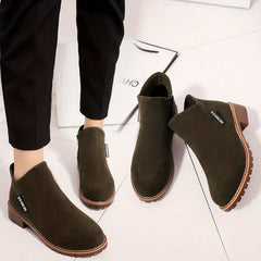 Chunky Heeled Ankle Boots Round Toe Zipper Shoes