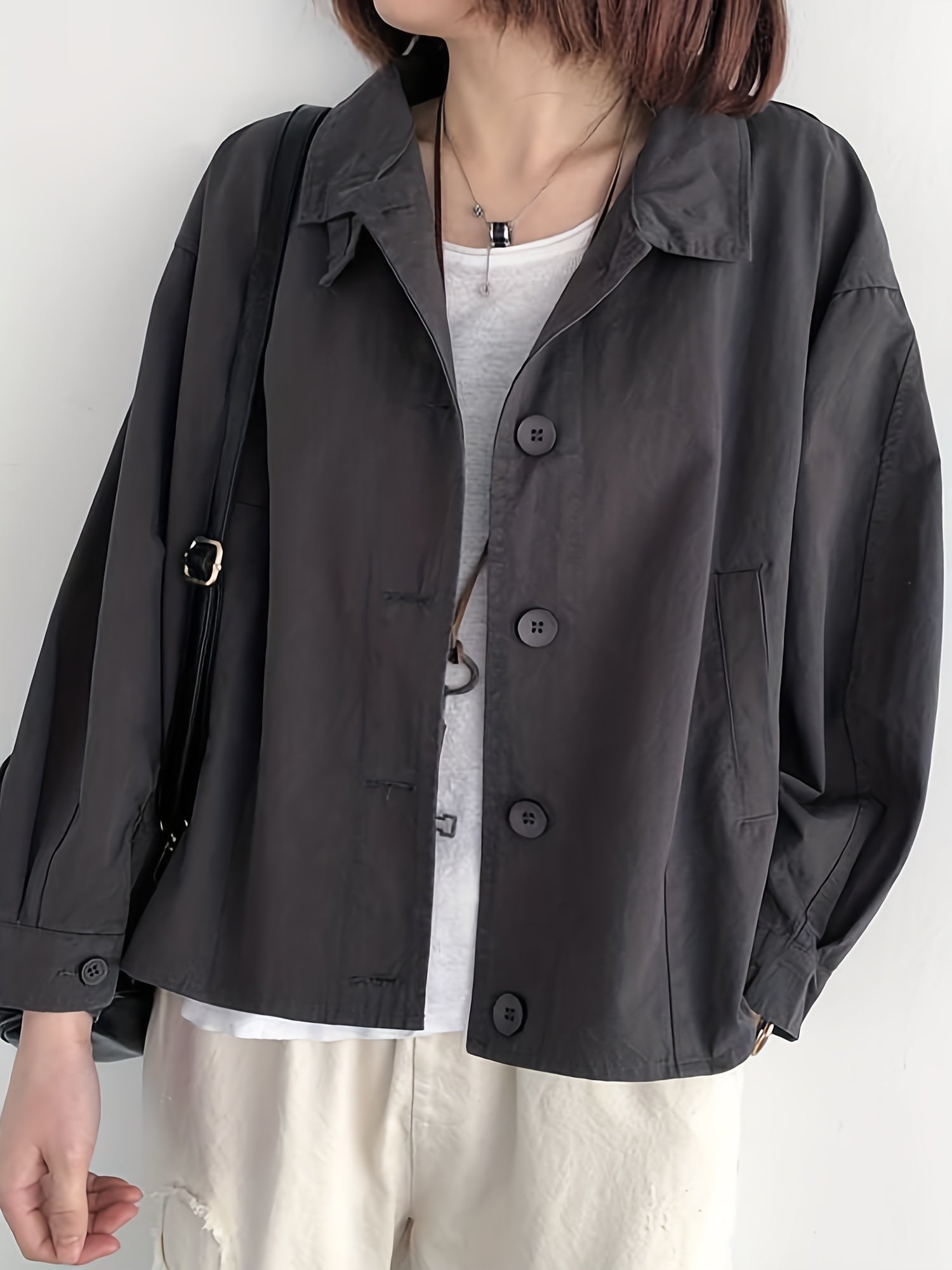 Solid Button Front Jacket Casual Long Sleeve Outerwear Women's Clothing
