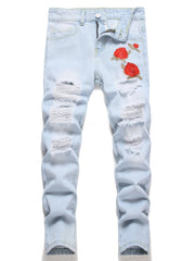 Boys Rose Print Ripped Jeans Denim Pants for Spring and Autumn