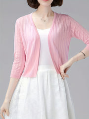 Solid Knit Cardigan 3/4 Sleeve Sweater