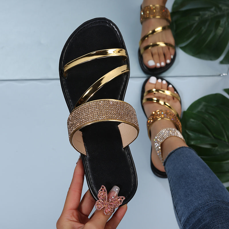 Women's Rhinestone Flat Slippers Open Round Toe Slides