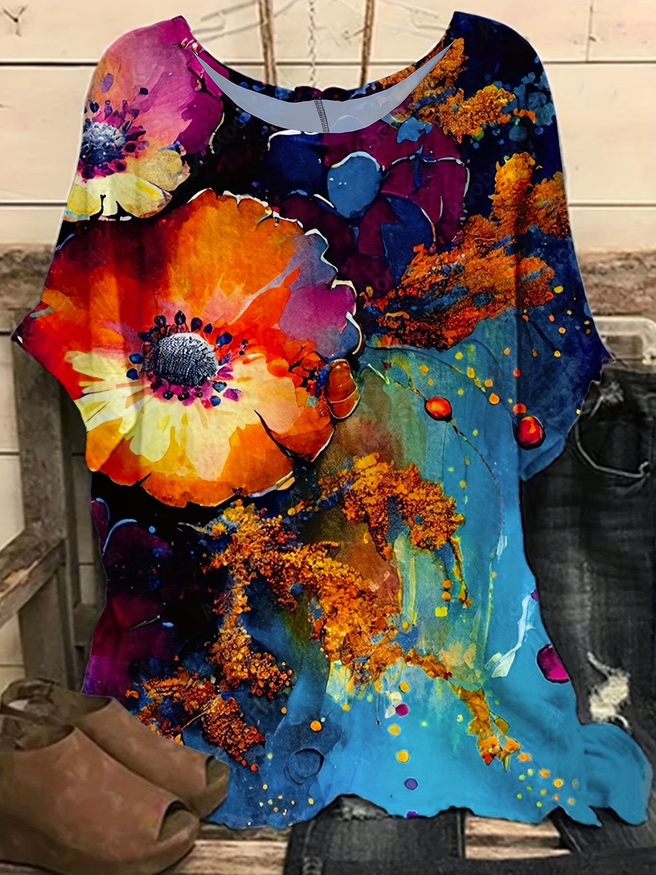 Casual Blouse Women's Plus Painting Print Batwing Sleeve
