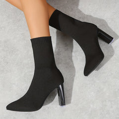 Women's Knit Block Heel Boots Point Toe Comfortable Dress Boots