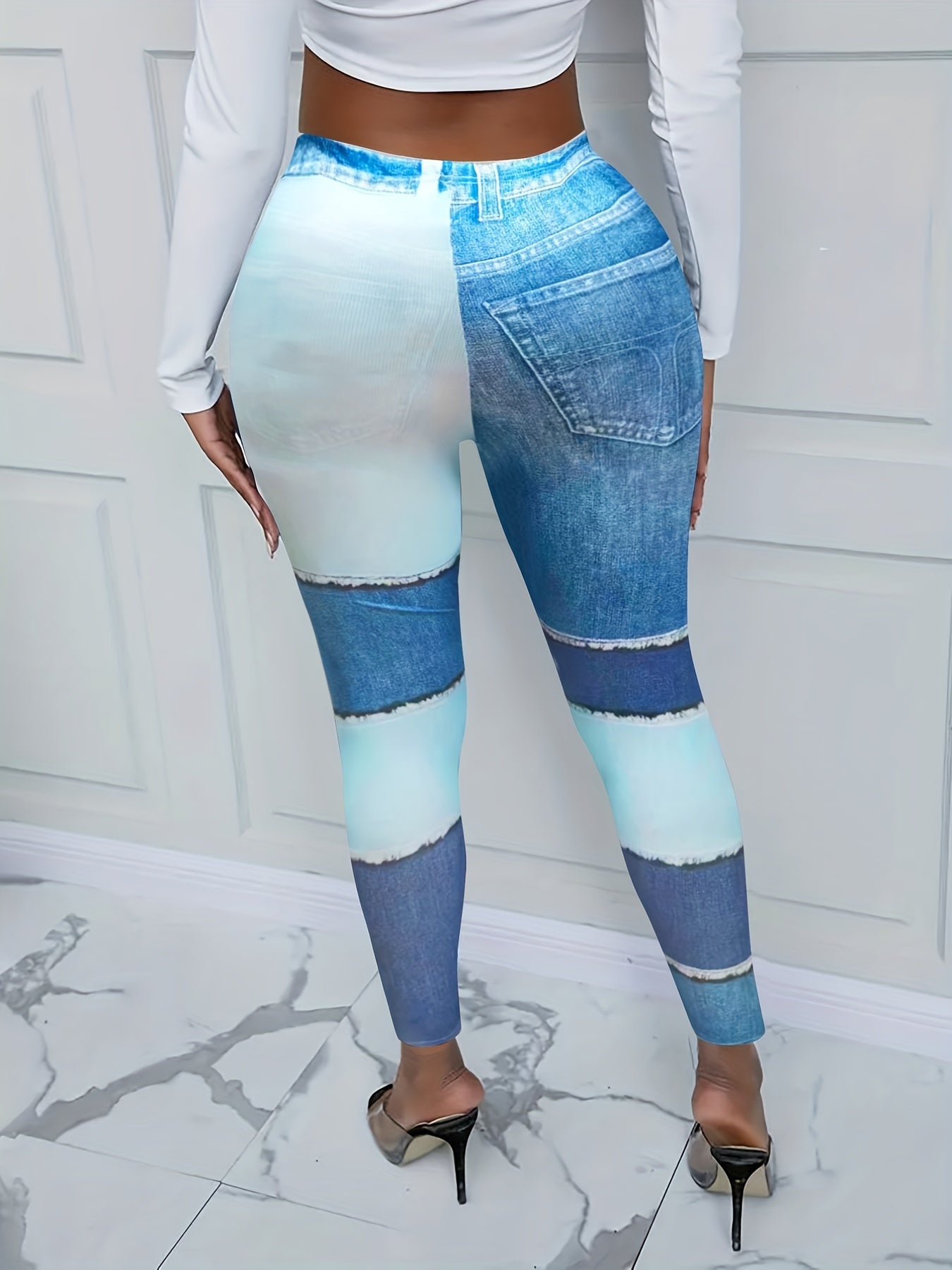 Denim Print Skinny Leggings Long Length Casual Pants Women's Clothing
