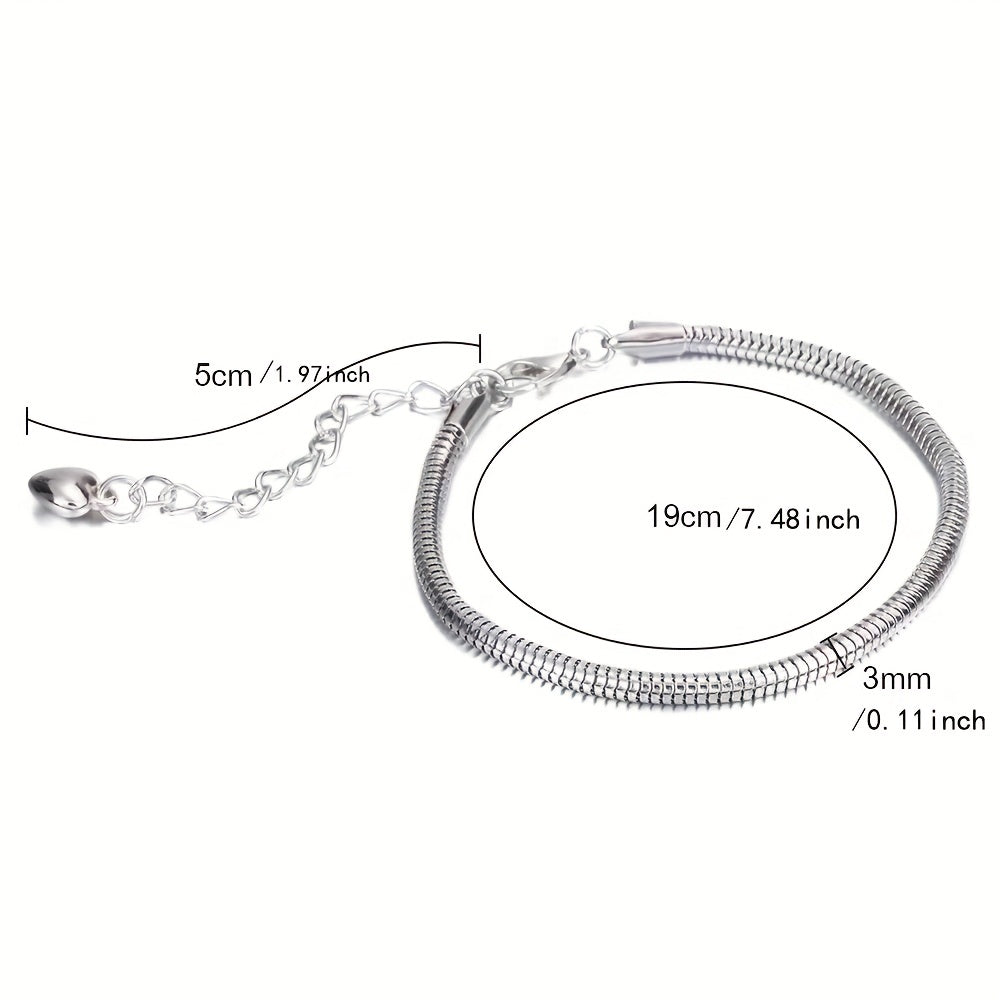 Snake Chain Charm Bracelet With Heart Shape Lobster Clasp Stainless Steel