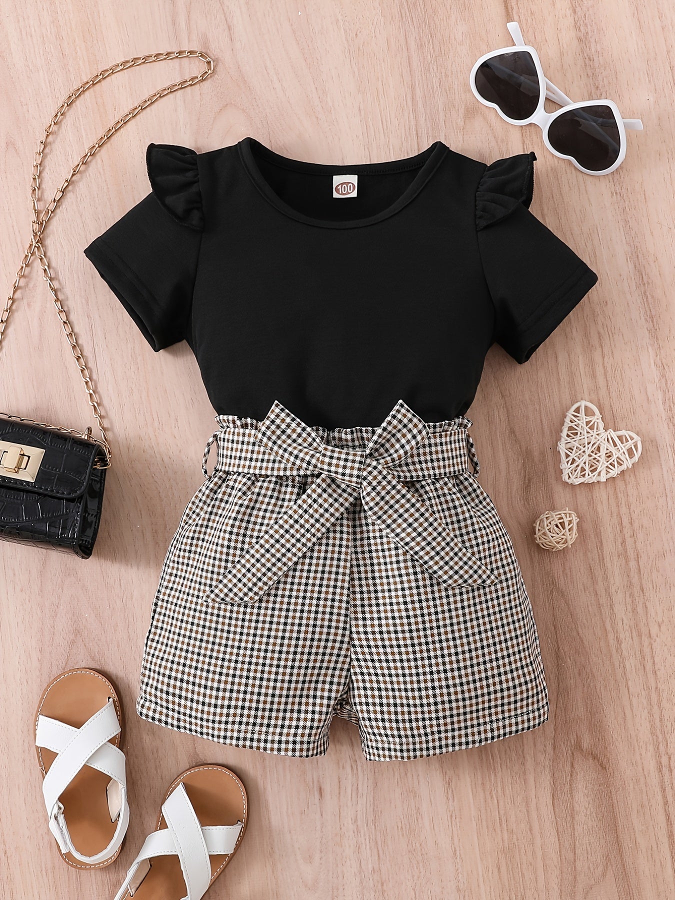 Girls Ruffled Short Sleeve Tee & Plaid Shorts Set with Belt
