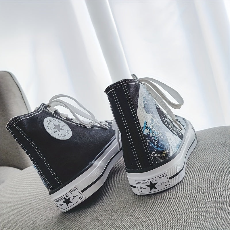 Men's Graphic Print Lace-Up Canvas Shoes Non Slip Casual Flats